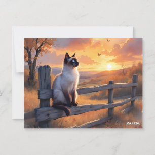 Carte Postale Chat siamois sur une clôture à rails fendus