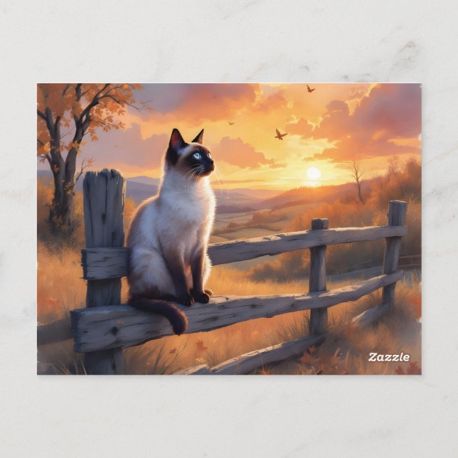 Carte Postale Chat siamois sur une clôture à rails fendus (Dos)