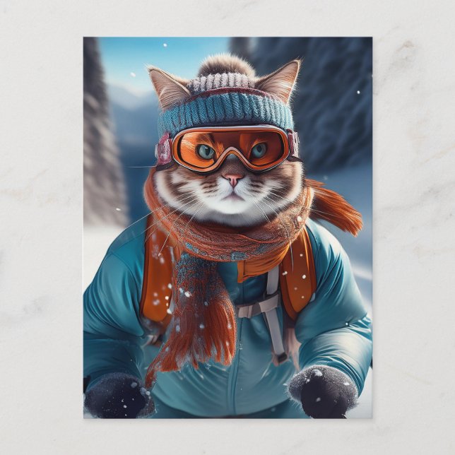 Carte Postale Chat skiant les pentes enneigées (Devant)
