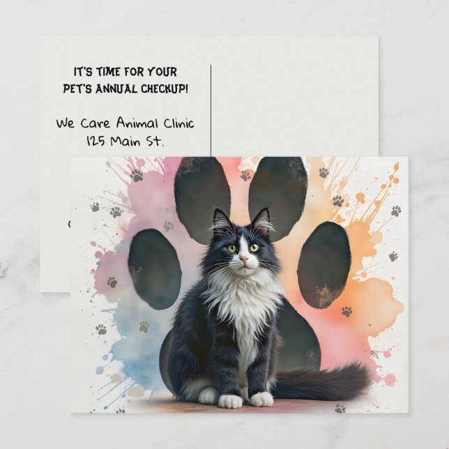 Carte Postale Chat Smoking avec un Fond d'Empreinte de Patte (Devant / Derrière)