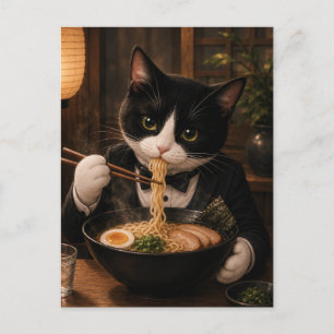Carte Postale Chat Smoking Eating Ramen
