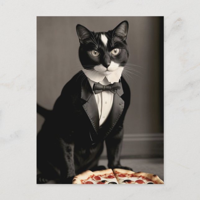 Carte Postale chat smoking et pizza (Devant)