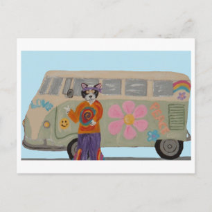 Carte Postale Chat smoking tuxedo avec fourgonnette hippie fleur