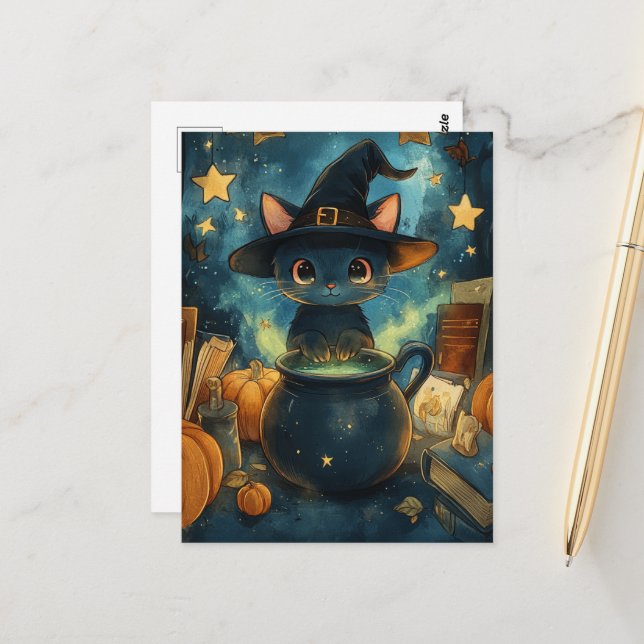 Carte Postale Chat sorcière  (Devant/Arrière en situation)