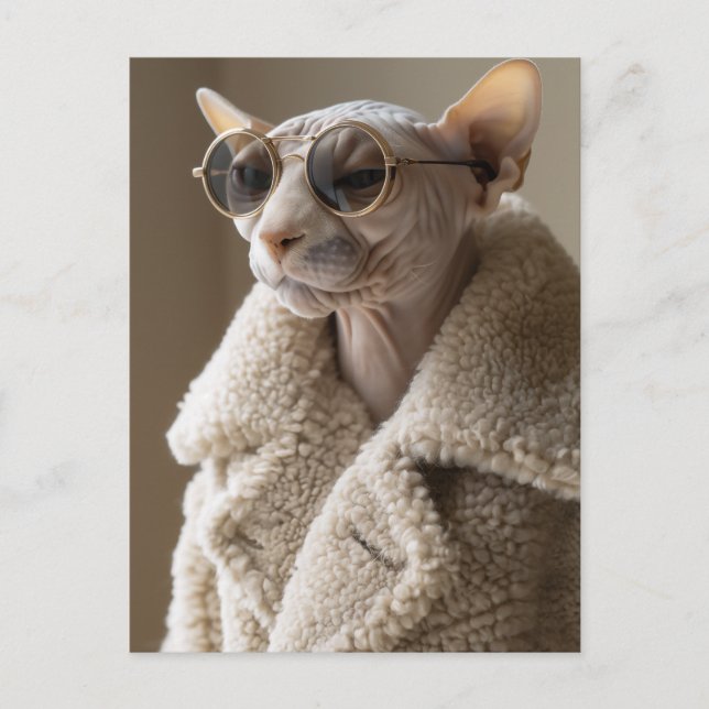 Carte Postale Chat Sphynx élégant en lunettes de soleil et mante (Devant)