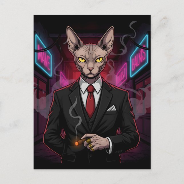 Carte Postale Chat Sphynx Mafia dans un style néon noir (Devant)