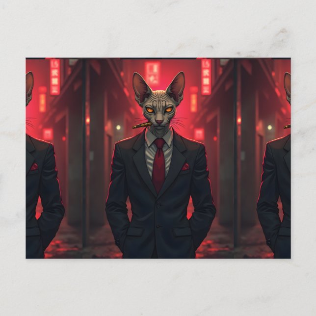 Carte Postale Chat Sphynx Neon Noir dans le style Mafia (Devant)