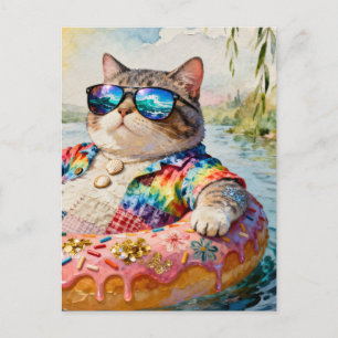 Carte Postale Chat sur un voyage en radeau