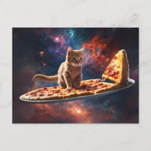 Carte Postale Chat surfant une pizza dans le cosmos