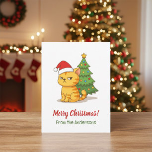Carte Postale Chat Tabby Cranky Chapeau Rouge Arbre de Noël