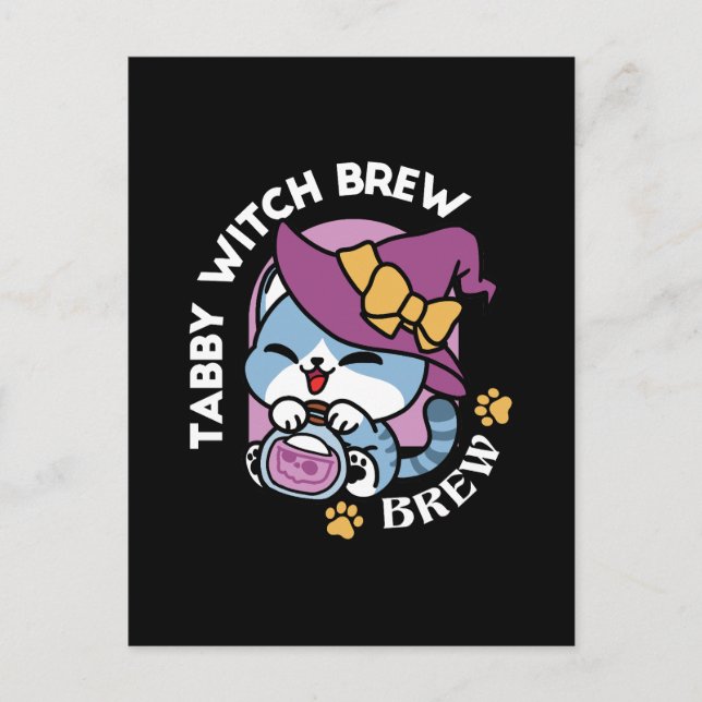 Carte Postale Chat Tabby d'Halloween – Chapeau de Sorcière & Art (Devant)