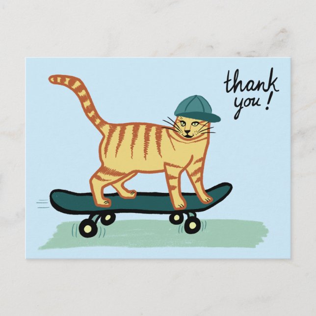 Carte Postale Chat Tabby en skateboard MERCI (Devant)