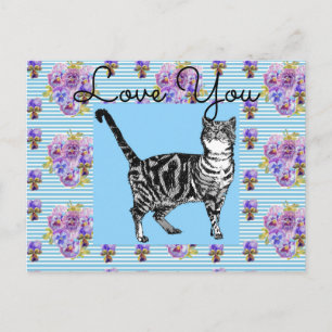 Carte Postale Chat tigré rayé bleu shabby chic cœur d'amour