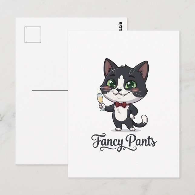 Carte Postale Chat Tuxedo Fancy Pants Porte un Toast (Devant / Derrière)