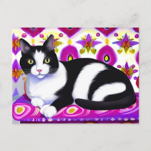 Carte Postale Chat Tuxedo noir et blanc sur un coussin