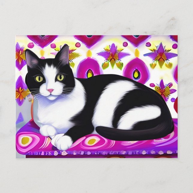Carte Postale Chat Tuxedo noir et blanc sur un coussin (Devant)