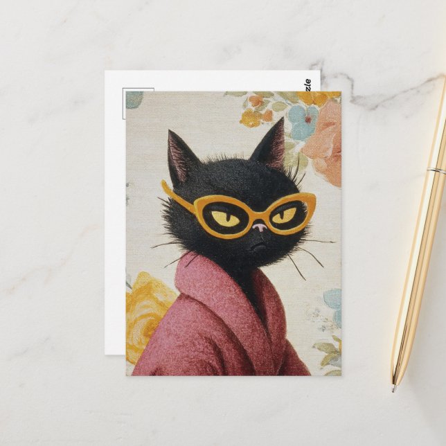 Carte Postale Chat unique avec attitude en robe de chambre et lu (Devant/Arrière en situation)