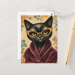 Carte Postale Chat unique en robe de chambre et lunettes