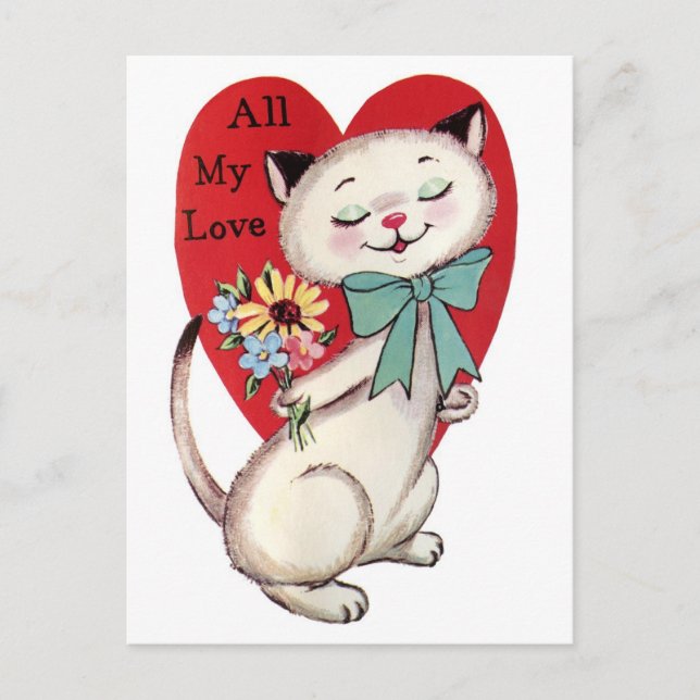 Carte Postale Chat vintage Avec Fleurs Valentine (Devant)
