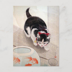 Carte Postale chat vintage avec poisson rouge