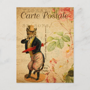 Carte Postale Chat vintage Cute habillé avec Casquette et parapl