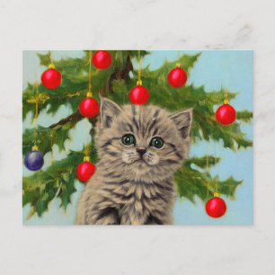 Carte Postale Chat vintage et sapin de Noël