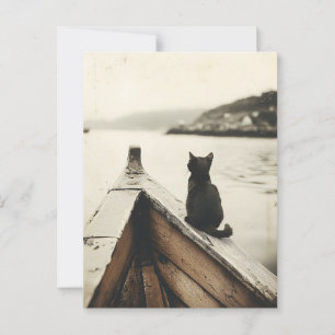 Carte Postale Chat vintage sur bateau Sepia Tone