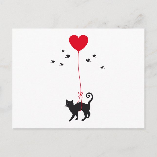 Carte Postale chat volant avec ballon rouge et oiseaux (Devant)