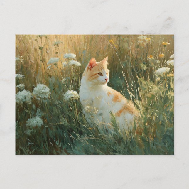 Carte Postale Chat Whimsical dans un champ Fleur sauvage (Devant)