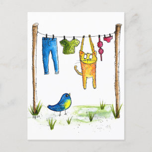 Carte Postale Chat Whimsical sur une ligne de linge