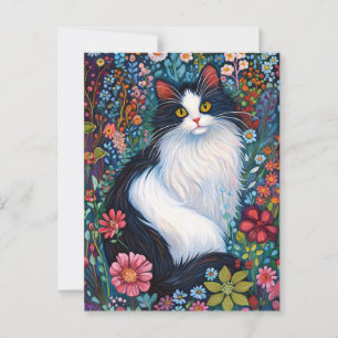 Carte Postale Chat Whimsical Tuxedo avec Fleur sauvage