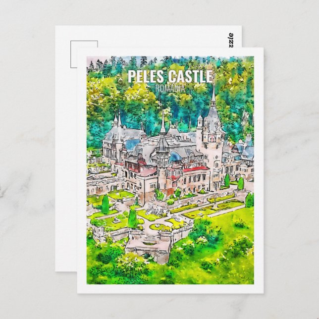 Carte Postale Château de Peles Roumanie Fameux Voyage Aquarelle (Devant / Derrière)