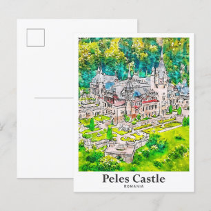 Carte Postale Château de Peles Roumanie Voyage Aquarelle main ti