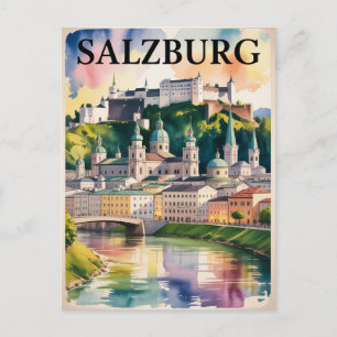 Carte Postale Château de Salzbourg en Autriche Peinture à l'aqua