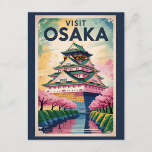 Carte Postale Château d'Osaka Japon Illustration Voyage Art Vint