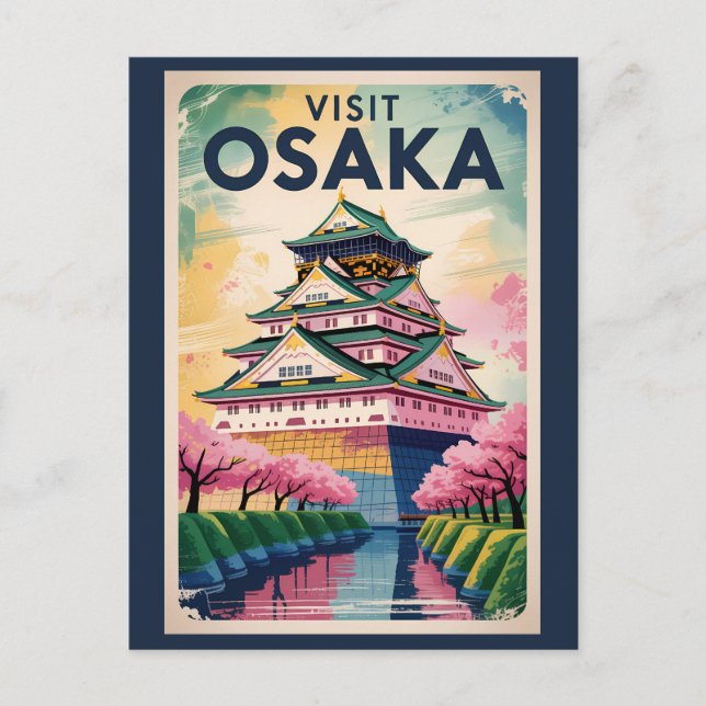 Carte Postale Château d'Osaka Japon Illustration Voyage Art Vint (Devant)