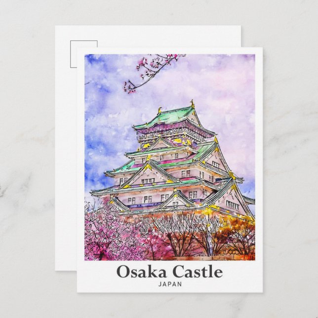 Carte Postale Château d'Osaka Japon Voyage Aquarelle main tirée (Devant / Derrière)