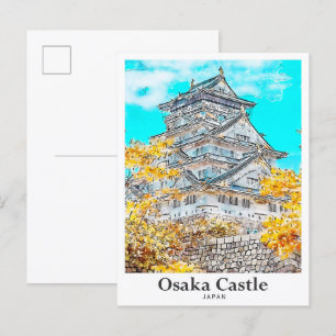 Carte Postale Château d'Osaka Japon Voyage Aquarelle main tirée