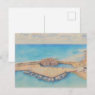 Carte Postale Château et port de Paphos, style aquarelle