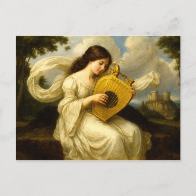 Carte Postale Château Médiéval Femme Avec Lyre (Devant)