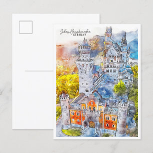 Carte Postale Château Neuschwanstein Allemagne aquarelle de voya