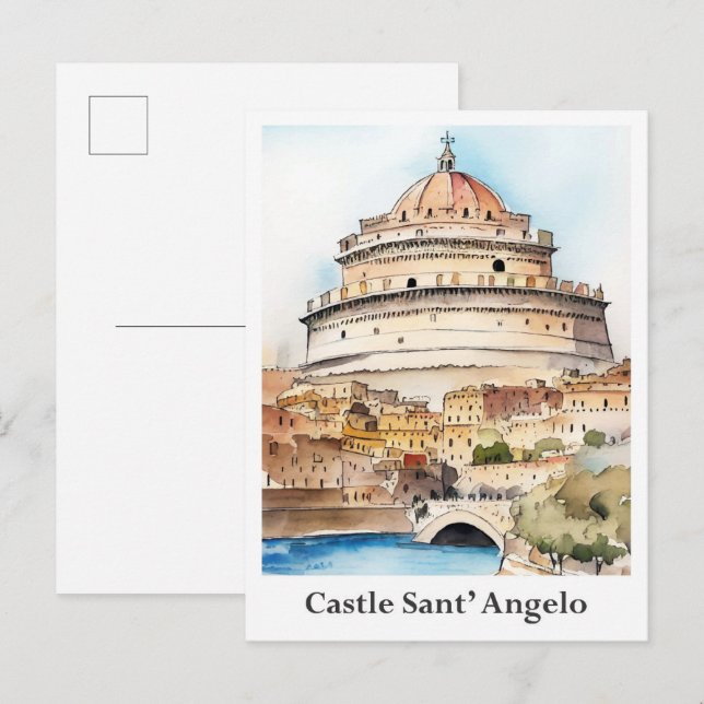 Carte Postale Château San't Angelo Rome Italie Aquarelle Voyage (Devant / Derrière)
