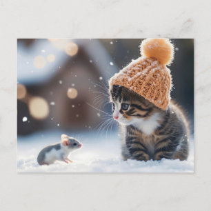 Carte Postale Chaton adorable et souris dans la neige ensemble