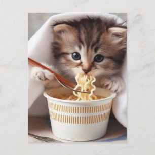 Carte Postale Chaton adorable mangeant des nouilles Ramen