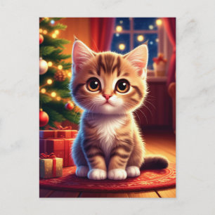 Carte Postale Chaton assis à côté d'un sapin de Noël lumineux