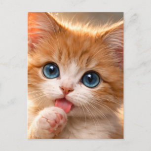 Carte Postale Chaton aux yeux bleus se léchant la patte