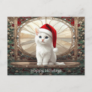 Carte Postale Chaton Blanc avec Chapeau de Père Noël