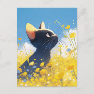 Carte Postale Chaton dans un champ de fleurs de bouton d'or jaun