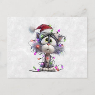 Carte Postale Chaton de Noël emmêlé dans les lumières