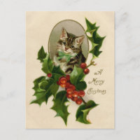 Chaton de Noël victorien au houx antique tabby